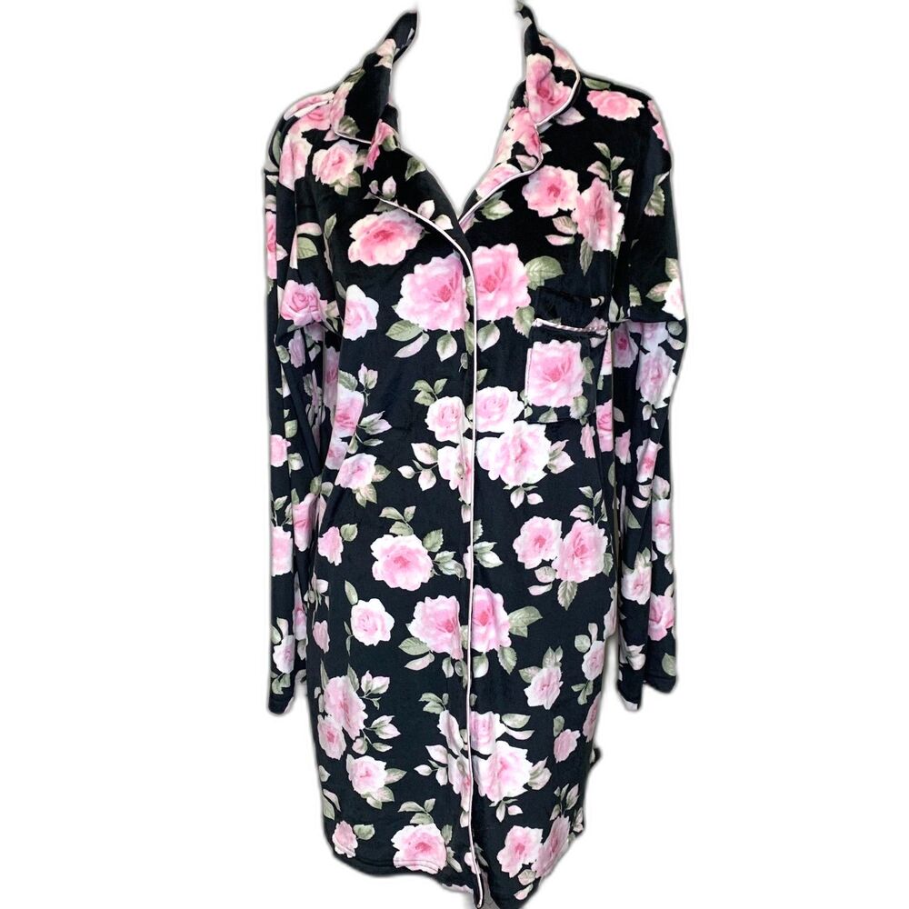 Laura Ashley Woman's Black Pink Floral Button-Up Sleep‎ Shirt Nightgown Small